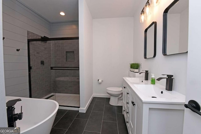 full bathroom with vanity, toilet, independent shower and bath, and tile patterned flooring