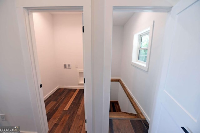 stairway with hardwood / wood-style flooring