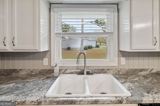 details with light stone countertops, white cabinetry, and sink