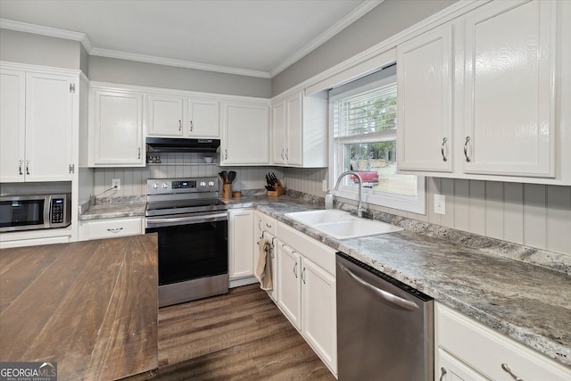 kitchen featuring white cabinets, stainless steel appliances, and sink