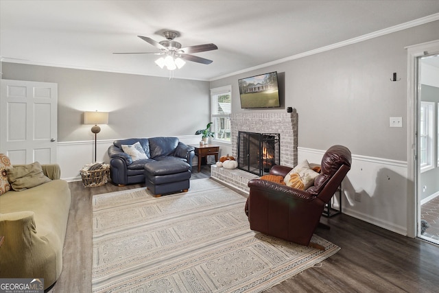 living room with a fireplace, hardwood / wood-style floors, ceiling fan, and crown molding