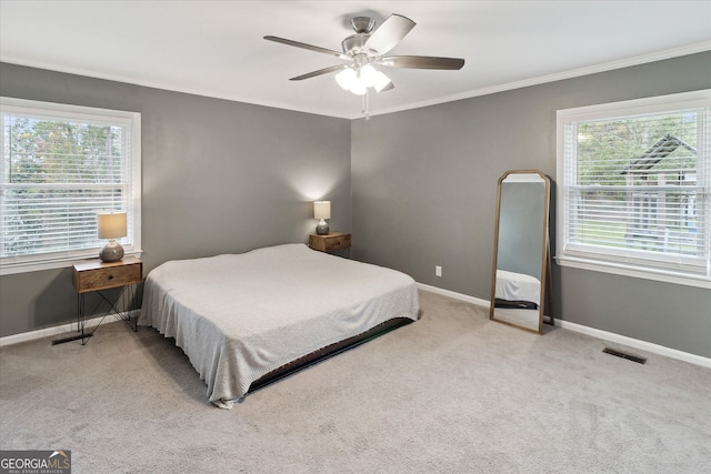 carpeted bedroom featuring multiple windows, crown molding, and ceiling fan