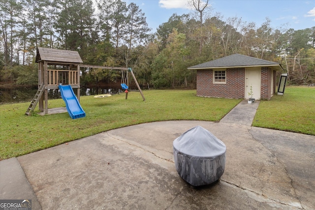 exterior space featuring an outdoor structure and a playground