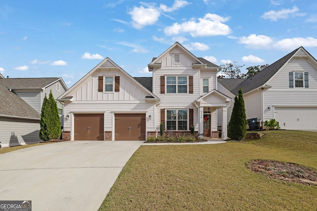 craftsman-style home with a garage and a front lawn