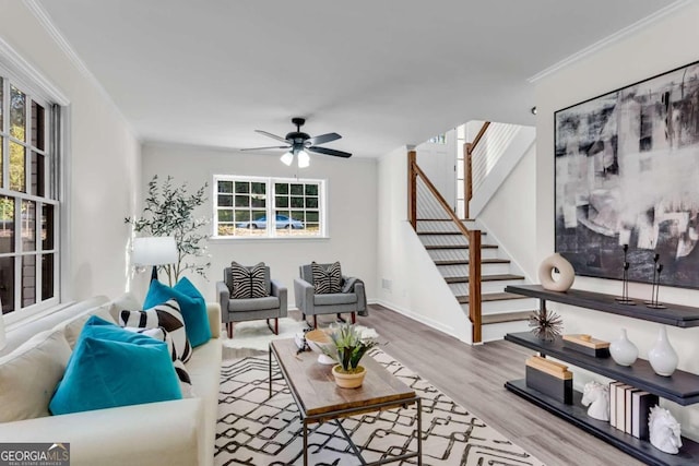 living room with ceiling fan, wood-type flooring, and ornamental molding