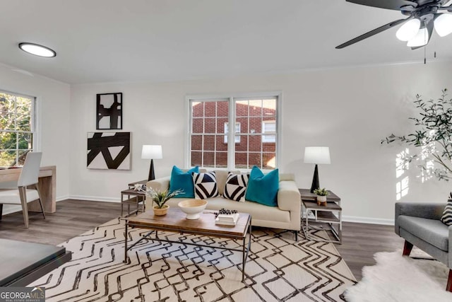 living room featuring wood-type flooring, ceiling fan, and ornamental molding