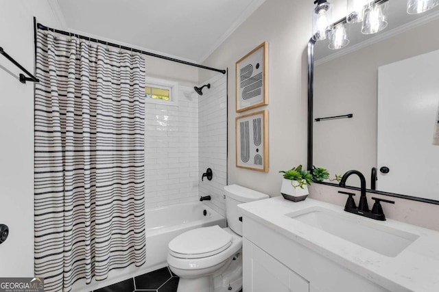 full bathroom with crown molding, tile patterned flooring, vanity, and toilet