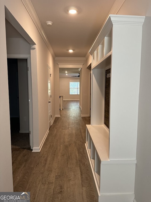 mudroom with crown molding and dark hardwood / wood-style floors