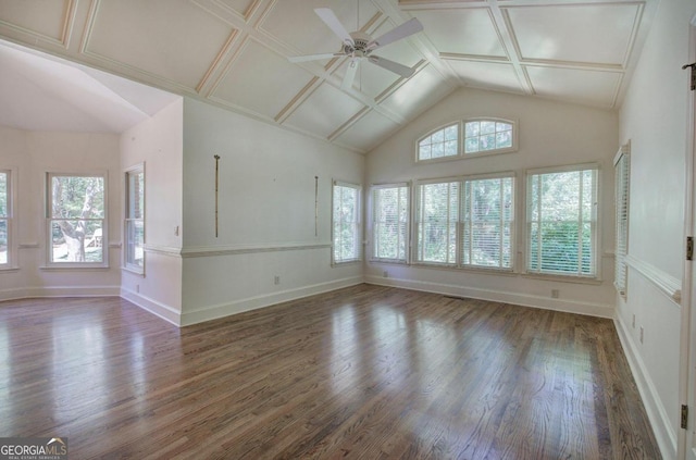 unfurnished room with ceiling fan, plenty of natural light, and dark hardwood / wood-style floors