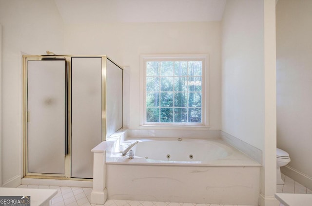 bathroom featuring toilet, tile patterned floors, separate shower and tub, and lofted ceiling