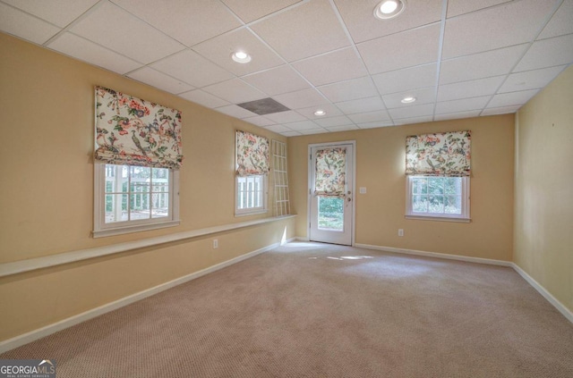 empty room with carpet flooring, a drop ceiling, and a healthy amount of sunlight