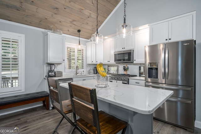 kitchen with white cabinets, stainless steel appliances, a kitchen island, and wooden ceiling