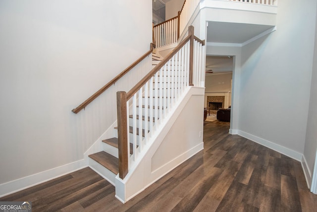 stairs with crown molding and hardwood / wood-style flooring