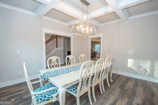 dining area with beam ceiling, dark wood-type flooring, and coffered ceiling