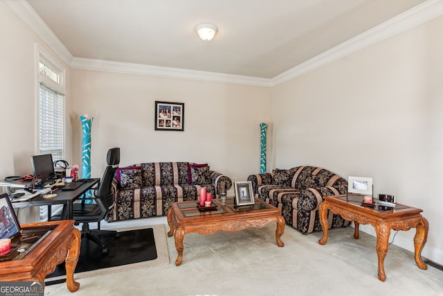 carpeted living room with crown molding