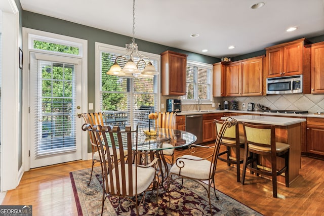 kitchen with plenty of natural light, decorative light fixtures, appliances with stainless steel finishes, and light hardwood / wood-style flooring