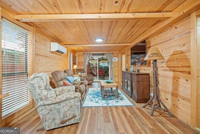 sitting room with a wall mounted air conditioner, wood walls, wooden ceiling, and hardwood / wood-style flooring