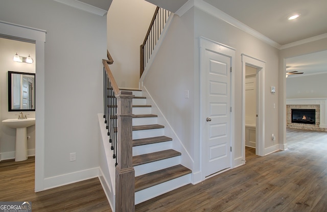 stairs with ornamental molding, ceiling fan, sink, hardwood / wood-style flooring, and a stone fireplace