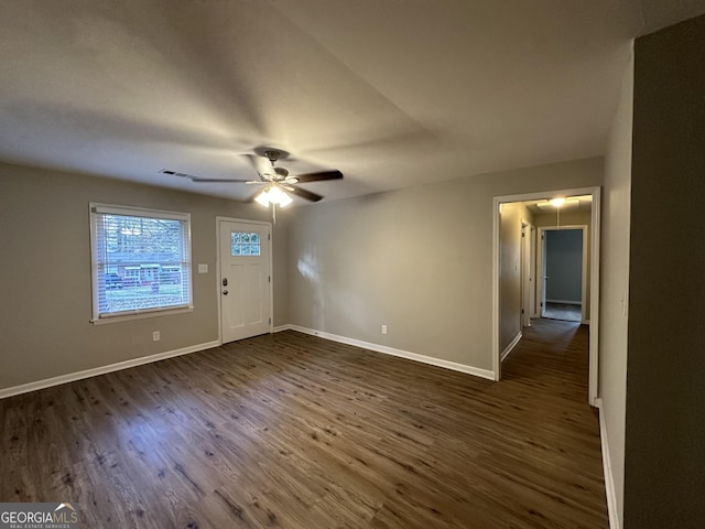 2190 Westover Dr, East Point, GA 30344 - entrance foyer featuring ceiling fan, dark wood-style flooring, and baseboards