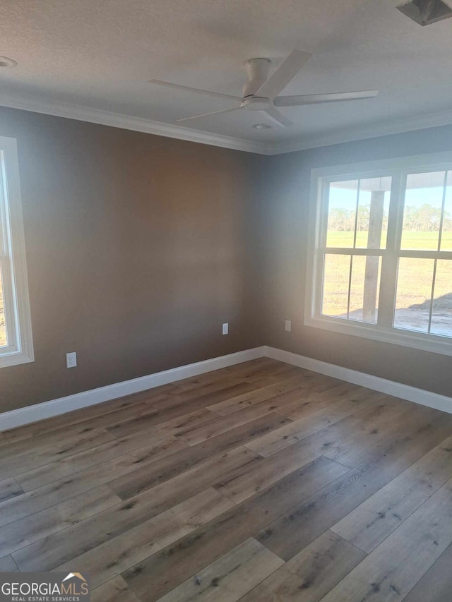 empty room featuring ceiling fan, a wealth of natural light, crown molding, and baseboards