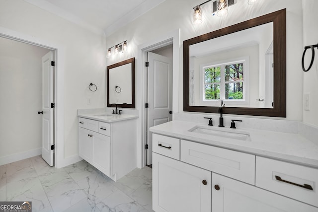 bathroom with vanity and crown molding