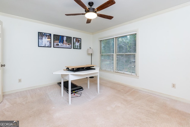 office area featuring light carpet, ceiling fan, and ornamental molding