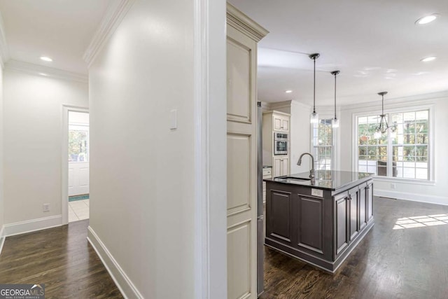 kitchen with ornamental molding, dark wood-type flooring, sink, decorative light fixtures, and an island with sink