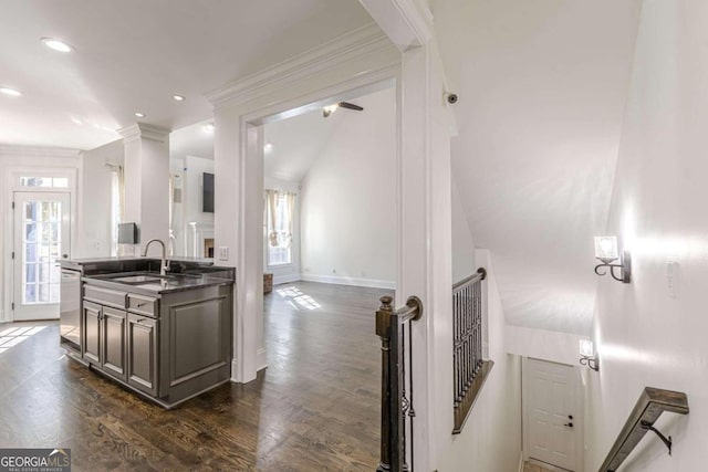 kitchen with dishwasher, dark hardwood / wood-style floors, ornamental molding, and sink