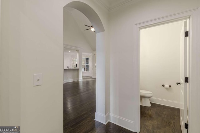 hall featuring crown molding, dark wood-type flooring, and vaulted ceiling