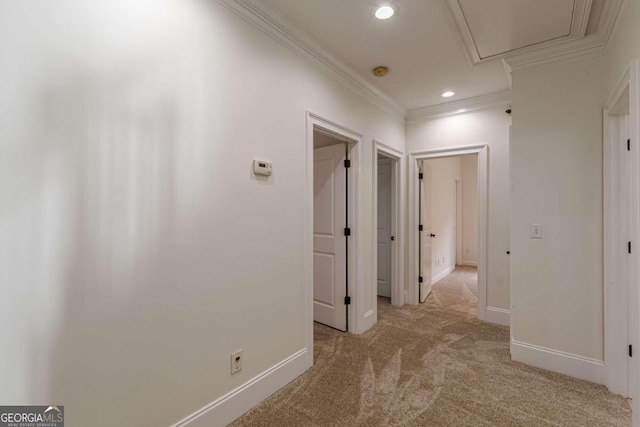 hall featuring light colored carpet and crown molding