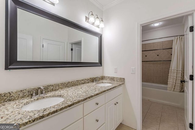 bathroom featuring tile patterned flooring, vanity, ornamental molding, and shower / tub combo