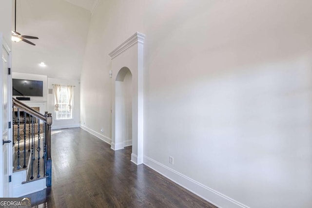 interior space featuring high vaulted ceiling and dark hardwood / wood-style floors