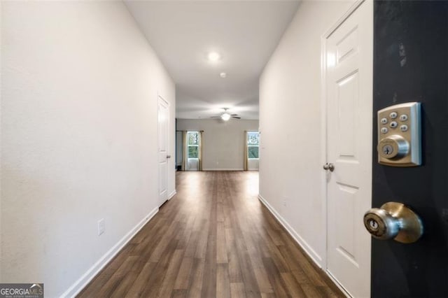 hall with dark wood-type flooring