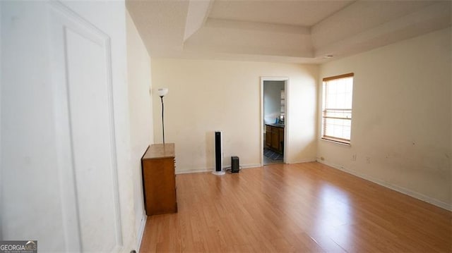 unfurnished room with a raised ceiling and light hardwood / wood-style flooring