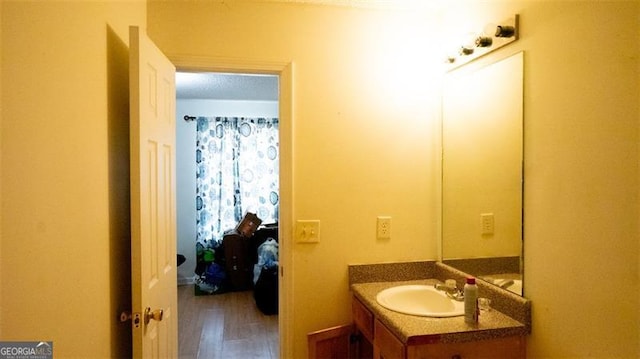 bathroom with wood-type flooring and vanity