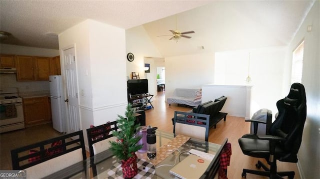 dining space featuring ceiling fan, plenty of natural light, lofted ceiling, and light wood-type flooring