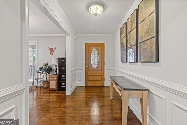 entryway featuring ornamental molding and dark wood-type flooring