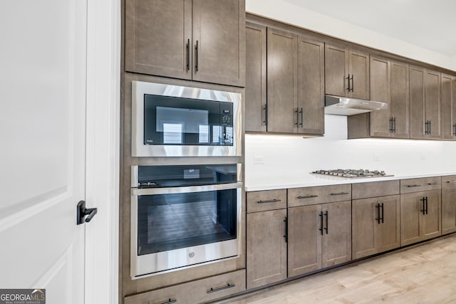 kitchen featuring backsplash, dark brown cabinets, light wood-type flooring, and appliances with stainless steel finishes