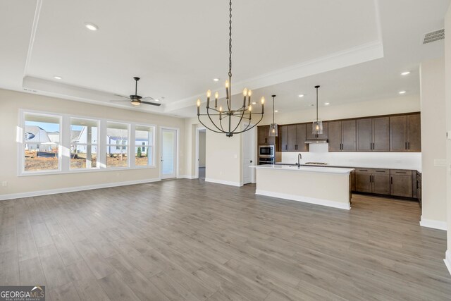 kitchen featuring ceiling fan with notable chandelier, a tray ceiling, and light hardwood / wood-style floors