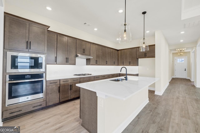 kitchen with appliances with stainless steel finishes, light wood-type flooring, a center island with sink, and sink