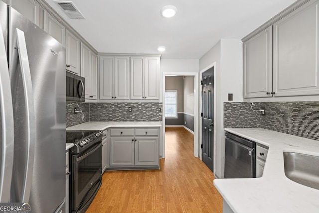 kitchen featuring light wood-style flooring, visible vents, appliances with stainless steel finishes, gray cabinets, and decorative backsplash