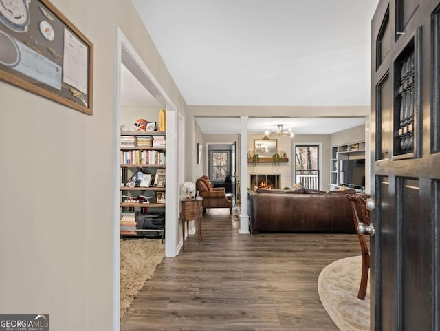 living room featuring a fireplace and dark hardwood / wood-style flooring