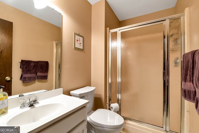 bathroom featuring vanity, toilet, and a shower with shower door