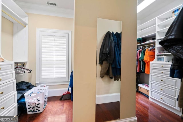 walk in closet featuring dark hardwood / wood-style flooring