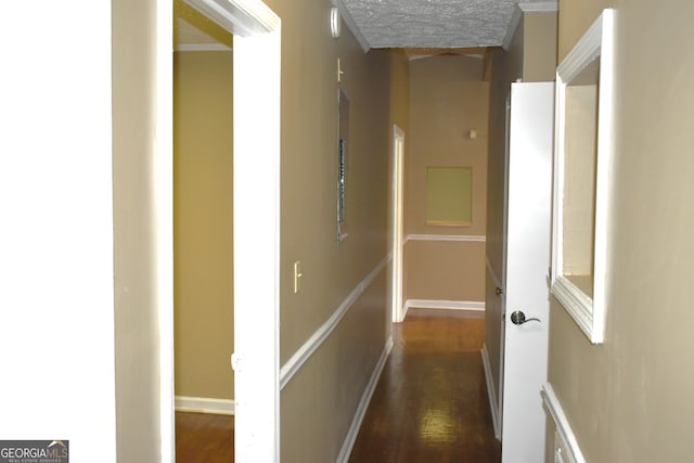 hall with dark hardwood / wood-style floors and ornamental molding