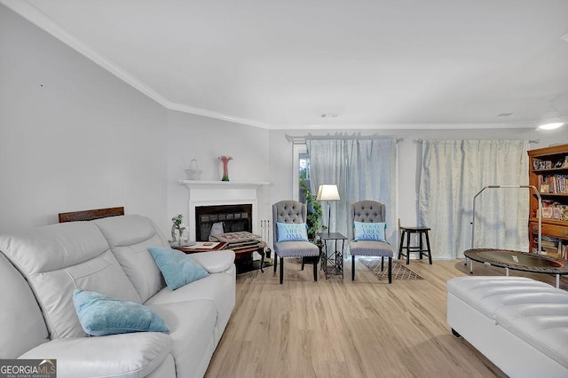 living room with crown molding and light wood-type flooring