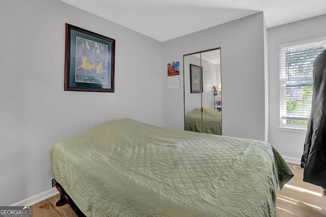 bedroom with hardwood / wood-style floors and a closet