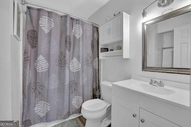 bathroom featuring a shower with curtain, vanity, hardwood / wood-style floors, and toilet