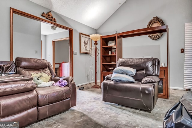 living room featuring light carpet, a textured ceiling, and high vaulted ceiling