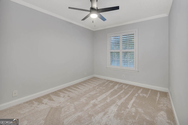 carpeted spare room with ceiling fan and ornamental molding